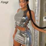 Baddie 2 Piece Sets Women Outfit 2023 Crop Top And Mini Skirt Set Y2K Sexy Night Club Rave Outfit Bandage Matching