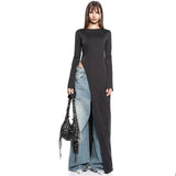 Black Asymmetrical Long Sleeve High Slit Top-Outfit