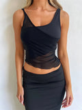 Mesh Sheer See Through Patchwork Tank Exposed Navel Tops Summer Streetwear Sexy Women Irregular Hem Black Mini Vests-Outfit