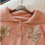 Knit Cardigan Jacket Autumn Winter New Fashion Loose Sweater Sequins Beaded Fake Mink Fleece Chic