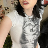 Fongt Style Cat Print Short-Sleeved T-Shirt Women's New Round Collar Retro Basic Versatile Slim Top-Outfit