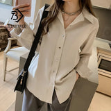 New Women Vintage Solid Loose White Shirt Turn Down Collar Full Sleeve Blouse Office Lady Stylish Girl Tops