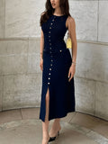 Fongt Ladies Knitted Jersey Dress Round Collar Sleeveless Button Slimming Dress
