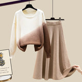 Women Autumn Winter Warm Knitted Two Pieces Sets Korean Long Sleeve Pullover Sweater Top And High Waist Knitting Skirts
