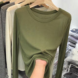 Fongt Round Neck Long-Sleeved T-Shirt Sunscreen Women's Spring 2024 New Korean Version Slim Solid Bottom Top Women-Outfit