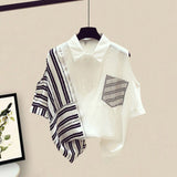 Women Summer korean two pieces set for women streetwear off the shoulder striped patchwork blouse and irregular mesh skirts