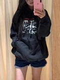 Women Black Graphic Sweatshirts 2023 Fall Fashion Ladies Guitar Boy Printed Long Sleeves Hoodies Female Loose Pullovers-Outfit