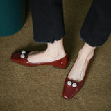 Fongt Pearl Flats For Women's Spring / Summer 2023 Soft Leather Patchwork Color With Skirt Square Head Light Mouth Single Shoes Red Single Shoes-Outfit
