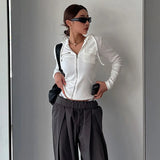 Fongt Simple Casual Niche Solid Color Pocket Hooded T-Shirt Slim Zipper Thread Show Slim Cardigan Top-Outfit
