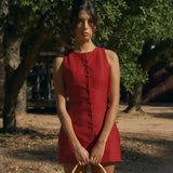 Solid Buttoned Sleeveless Mini Dress-Outfit