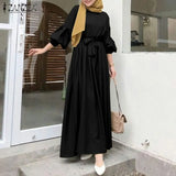 Muslim Clothing Women's Maxi Sundress 2022 Spring Long Sleeve Kaftan Belted Vestidos Casual Solid Loose Abaya Long
