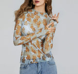New Women's Lace Top Mesh Multi-Colored Bottom Shirt Sexy Hot Girl Trend