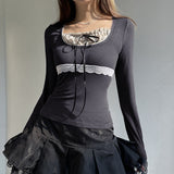Lace Stitching Bow Patchwork Long Sleeve Tee-Outfit
