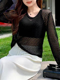 New Summer Style Thin Hollowed-Out Sweater Women's Round Collar, Long Sleeves, Loose Jackets, Fashion Blouses-Outfit