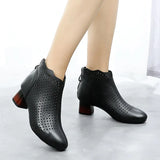 2021 Summer Ankle Boots Genuine Leather Shoes Women Med High Heel Back Zipper Boots Cutout breathable Mujer