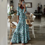 Fongt Summer New Women's Wear Temperament Holiday V Collar Print Large Place Long Dress-Outfit