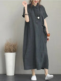 Dress Women Cotton Linen Vintage Casual Loose Oversie Lapel Short-sleeved Dress New In Mid-length Long Dress for Women-Outfit