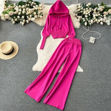 Fongt And Winter Solid Knitted Hooded Hooded Jersey Blouse High Waist-Hanging Feeling Trousers Casual Two Sets Of Women