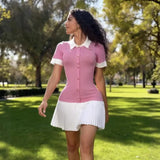 Fongt Wind Bumping Collar Short Sleeves Covert Thin 100 Folded Knitted Dress