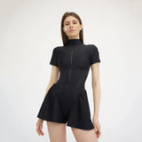 Fongt New Women's Round Collar Solid Color Short Sleeve Zipper Short Jumpsuit Dress