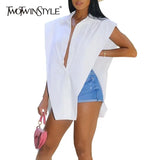 TWOTWINSTYLE Sleeveless Sexy Shirt Tops Female Fashion Side Hollow out Turn down Collar Shirts Women Casual Clothes 2021