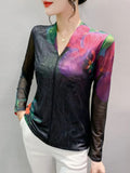 V Neck Mesh T-shirt Women Long Sleeve Positioning Printing Floral Intimated Silk T Shirts Female Stretchable Top-Outfit
