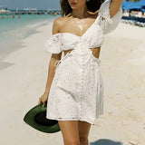 Fongt Spring Fashion New Sexy Hot Girl Collar Bubble Cuffed Embroidery Short Dress