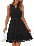 Fongt Women's Summer Sleeveless Dress V Collar Hollow Pores High Waist A Skirt Swing Short Party Dress
