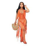 Fongt New Women's Long Tassel Hollow Knit One-Piece Swimsuit-Outfit