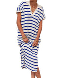 Fongt Summer Dress Women's V-Neck Stripe Low Slit Lapel Long Sweater Even-Outfit