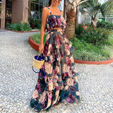 Fongt Spot 2024 Women's Fashion Holiday Wind Strap Top Print Flounce Skirt Two-Piece Set-Outfit