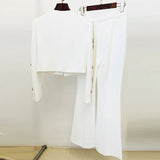 Fongt New Fashion Round Neck Heavy Industry Nail Beads Short Jacket Open Fork Trousers Set