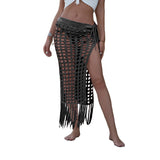 Women’s Sexy Bikini Cover Up Sheer Hollow Out Beach Dress Maxi Knit Skirt Split Tassels Crochet Cover Up Skirts Beachwear