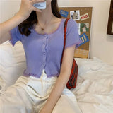 Women Patched Lace O-Neck Knitted Short Sleeve Thin Sweaters Cardigans Lady Single-breasted Buttons Sweater Crop Tops Female-Outfit