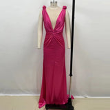 Pink Satin Deep Neck Pleated Maxi Dress-Outfit