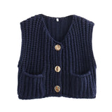 Fongt 2025 Spring And Autumn 2025 New Women's Pocket Sleeveless Short Knitted Cardigan Vest