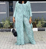 Fongt Print Caftan Abaya + Wide Leg Pants Sets African Clothes for Women 2023 Summer Maxi Dresses Casual 2 Piece Set Boubou Outfits 1215-1-Outfit