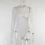 White Skinny Bodysuits For Women Round Neck Sleeveless Fold Pleated Solid Bodysuit Female Fashion Clothing