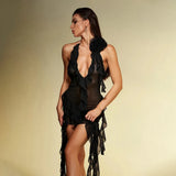 Black Mesh Fringe Ruffle Open Back Midi Dress-Outfit