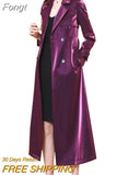 Fashion Glossy Trench Coat Women Spring Autumn Casual Purple Black Windbreaker Double-Breasted Solid X-Long Outerwear