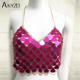 Women Sequin Camis Shinning Brallete Metal Chain Halter Camisole Tank Top Bustier Mermaid Crop Top Backless 2023