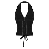 Fongt Trendy Sexy Strap Girded Waist Design Solid Sexy Hot Babes Hanging Neck Zipper Small Vest 2025 New