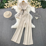 Fongt Gray West Assembly V-Neck Double Buckle Vest Sleeveless Waist Blouse + High Waist-High-Scretch Broad-Legged Trousers Two