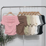 Real Shot A Word Shoulder Short Sleeve Pressure Folded T-Shirt Summer Slimming Pure Lust Folded Collarbone Short Blouse