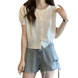 Fongt Kong Flavor Retro Round-Neck Short-Sleeved Knitted Shirt Girls Summer Thin Design Slim Short Thin Open Shirt Top