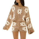 Women’s 2 Piece Fall Outfits, Long Sleeve Off Shoulder Floral Knit Tops + High Waist Zip Up Shorts Sets Spring