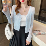Knitted Cardigan Women's Summer Thin Short Blouse Air-Conditioned Shirt Shawl With Ice Wire Long-Sleeved Sunscreen Jacket-Outfit