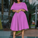 Fongt Round Collar Temperament Bubble Sleeves To Close The Waist Of Elegant A-Character Dress
