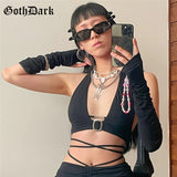 Dark Punk Y2k Black Sexy Halter Tops Women's Gothic Bandage Cyber Crop Top With Sleeve Gloves Metal Buckle Backless