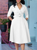 Fongt Women's Spring New Fashion Clip Solid Color High Waist Elegant Grand Size Dress